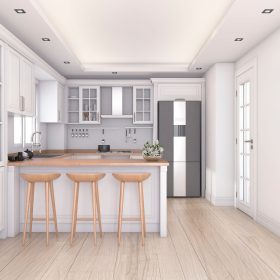 3d rendering white clean kitchen and bar